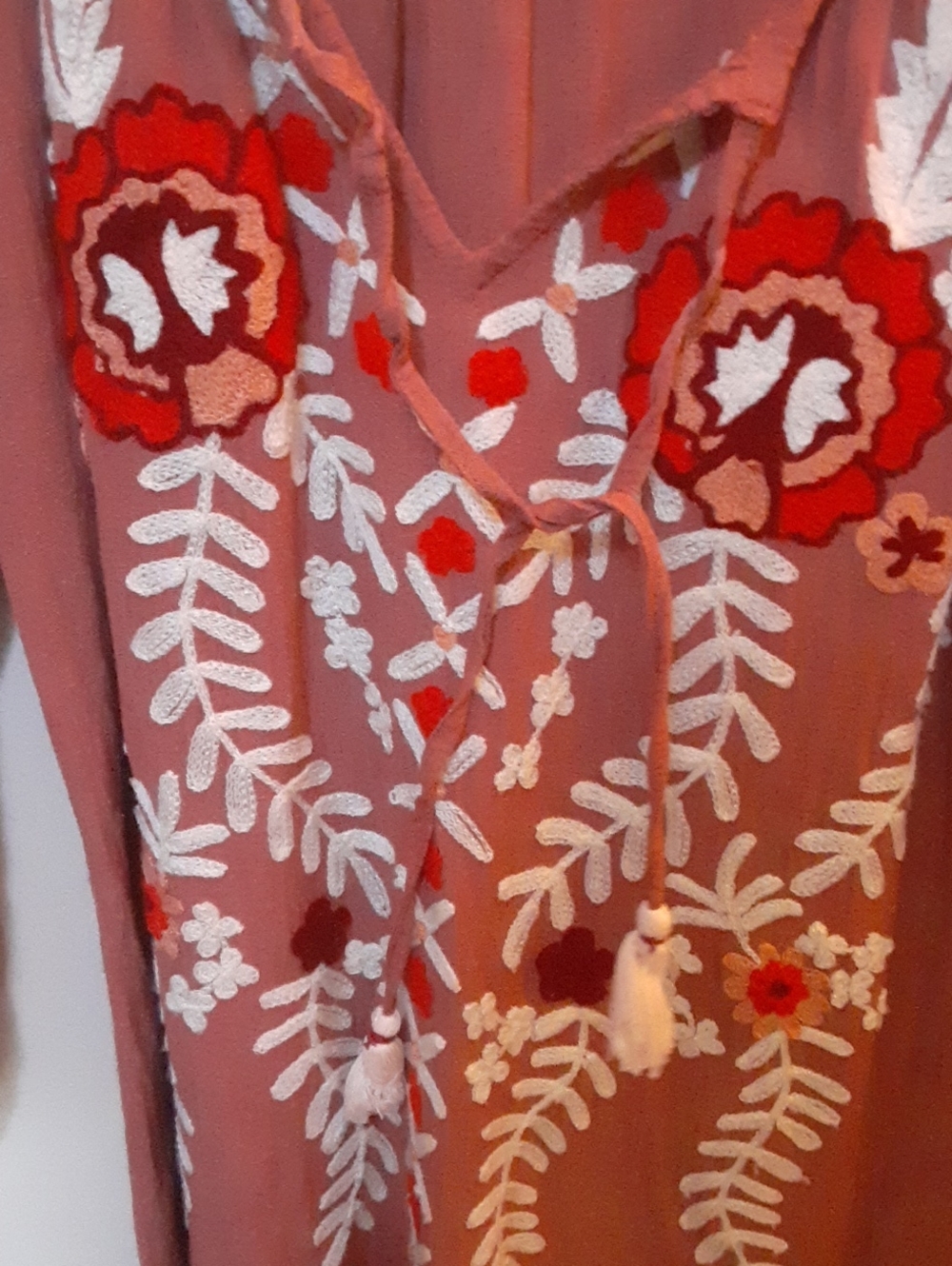 Embroidered Peasant Tunic Top - Dusty Rose with White & Red Floral Embroidery - Picture 2 of 13